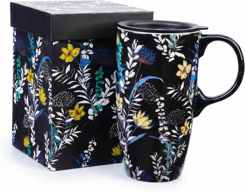Taza de Cerámica de Café Taza de Té Latte de Porcelana con Tapa 17oz, Taza de Café Novedosa