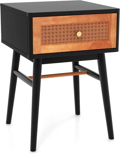 Giantex Mesita de noche de ratán, mesa auxiliar bohemia con cajón de almacenamiento decorado de ratán y patas de madera maciza, mesita de noche