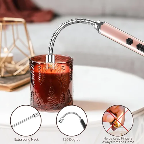 Miniatura 5 de Encendedor de velas eléctrico, cuello largo y flexible, resistente al viento, sin llama, recargable por USB, encendedor de arco de plasma para Oro