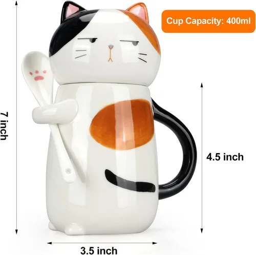 Miniatura 7 de Taza de café grande y bonita de cerámica con tapa y cuchara, divertida taza de gato para mujeres y damas, tazas de café Kawaii 3D únicas de gato