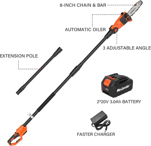 Miniatura 7 de Sierras de poste inalámbricas de 8 pulgadas, sierra de poste eléctrica de 20 V para poda de árboles con 2 baterías y cargador de 3.0 Ah, velocidad