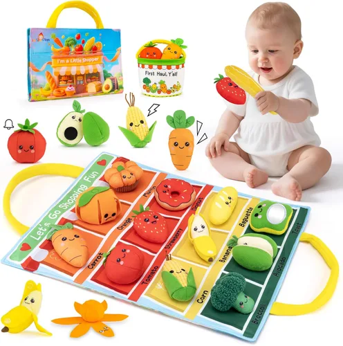 Juguetes Montessori para bebés de 6-12-18 meses - Mi primer viaje de compras Juguetes sensoriales para bebés con clasificación de colores, alimentos