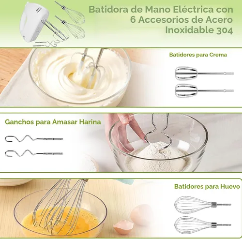 Miniatura 3 de Mezclador de mano eléctrico de 5 velocidades, juego de 4 tazones grandes para mezclar, mezcladores de mano con batidor, tazones anidados de acero