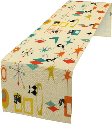 Camino de mesa de gato de mediados de siglo, diseño retro atómico de estrellas vintage 50 60 s abstracto geométrico espacial decoración de mesa para