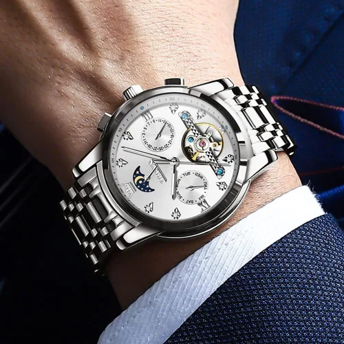 Miniatura 4 de OLEVS Relojes automáticos para hombre, esqueleto Tourbillon, reloj de pulsera de lujo con diamantes de cuerda automática, acero inoxidable