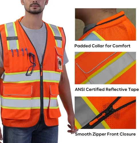 Miniatura 3 de Chaleco de Seguridad Reflectante Neopelta Naranja de Malla, Chaleco de Alta Visibilidad con Bolsillos y Cremallera, Cuello Acolchado, Chaleco
