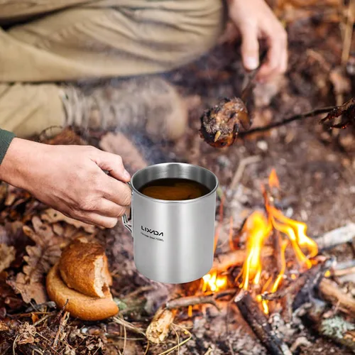 Miniatura 10 de LIXADA Taza para acampar, taza de agua de acero inoxidable de 25.4 fl oz con asas plegables y tapa para acampar al aire libre, senderismo, mochilero