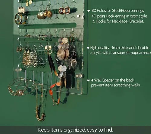 Miniatura 2 de Soporte para aretes para colgar en la pared, organizador de joyas, estante acrílico con 96 agujeros, 6 ganchos para collares, pulseras