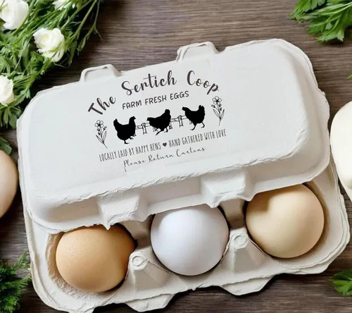 Miniatura 3 de Sellos personalizados de cartón de huevos frescos de granja, huevos de gallina, reunidos a mano con amor, sello de goma de madera