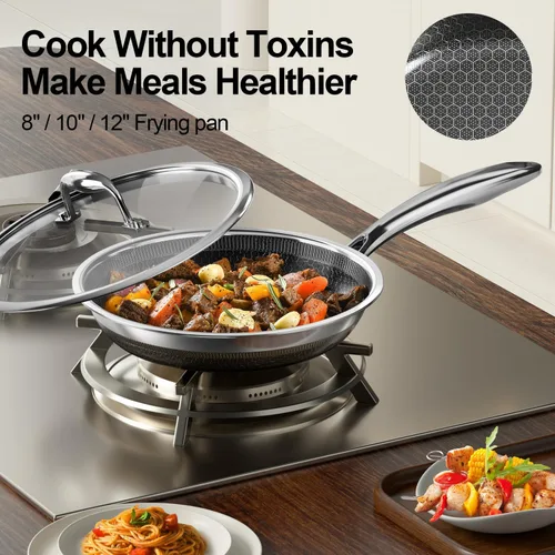 Miniatura 3 de Fogdream Juego de ollas y sartenes de 10 pulgadas y 11 pulgadas, antiadherentes, de acero inoxidable con tapa, apto para lavavajillas y horno, libre