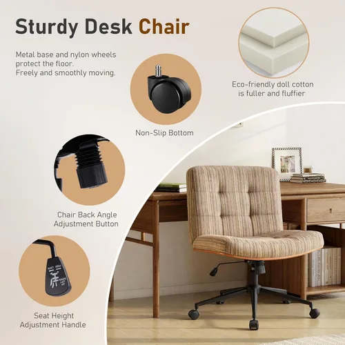 Miniatura 6 de Furnimart Silla de escritorio curvada de madera FSC de alta resistencia, giratoria de 360°, silla cruzada de felpilla de alta calidad con ruedas