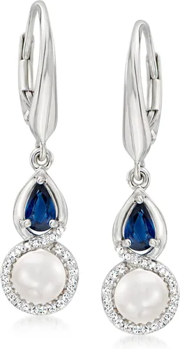 Ross-Simons Aretes de gota de zafiro cultivados de 0.197in y 0.50 quilates con diamantes de 0.13 quilates en plata de ley, Perla, multi