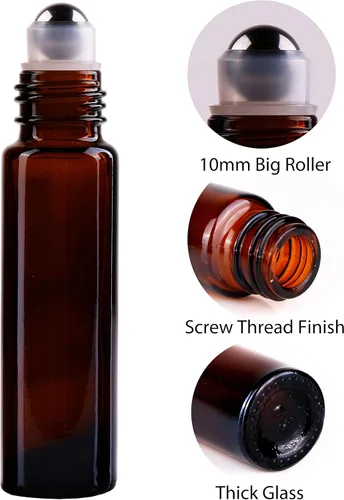 Miniatura 3 de inice 100 botellas de roll-on de 10 ml de vidrio ámbar para aceites esenciales con bolas de rodillo de acero inoxidable y tapa de aleación