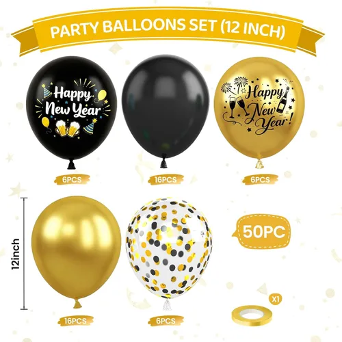 Miniatura 2 de Globos de Feliz Año Nuevo, 50 PCS 12 Pulgadas 2026 Globos Negro Dorado, Globos de Confeti Impresos de Año Nuevo para Decoraciones de Fiesta 2026