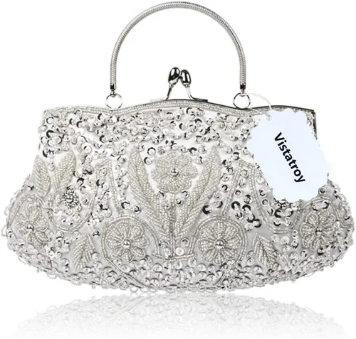 Miniatura 23 de Bolso de noche de diseñador floral con cuentas de lentejuelas diseño vintage besos cerradura satén embrague bolso bolso de mano de boda fiesta
