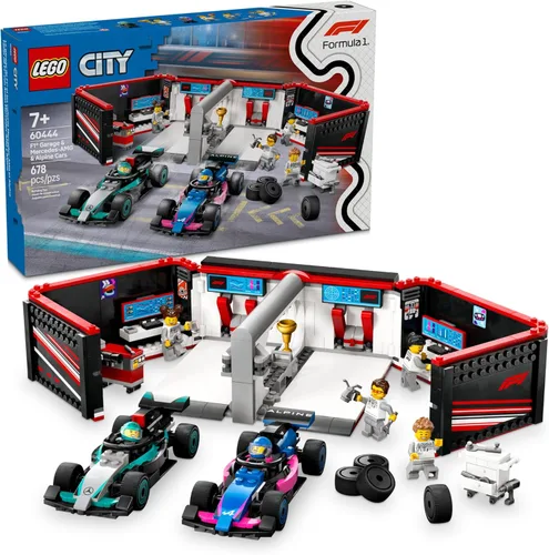 LEGO City F1 Garage & Mercedes-AMG y Alpine Cars Toy – Modelo de juguete de construcción de autos de carreras y juego portátil para niños, niños y