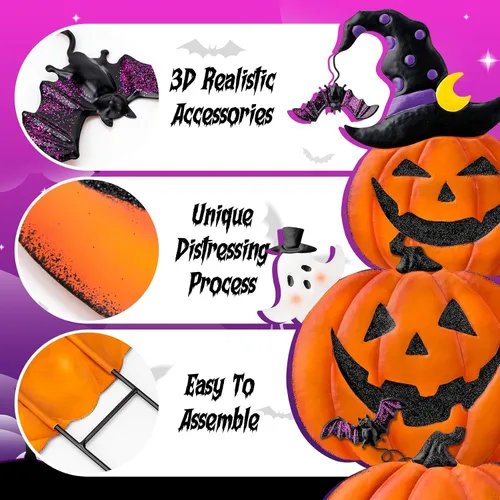 Miniatura 4 de Estacas de jardín de Halloween de 39.8 pulgadas, calabazas de metal apiladas, decoración de césped con sombrero de bruja, letreros de metal
