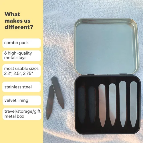 Miniatura 2 de Collar de metal para camisa de vestir para hombre, paquete de 6 unidades en un estuche de viaje, insertos de cuello de acero inoxidable en 3 tamaños