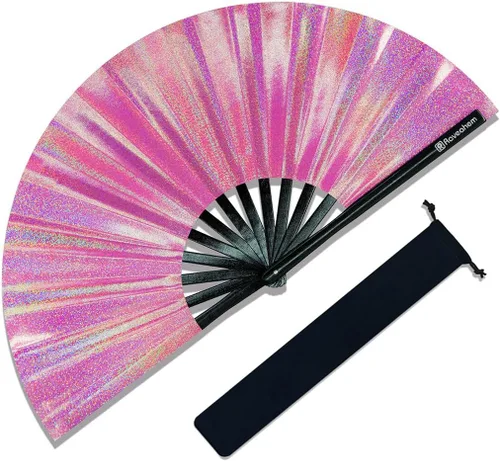Miniatura 9 de Ventilador grande para rave, ventilador de mano plegable Clack con tela de primera calidad, marco de bambú grueso para hombres y mujeres, regalo