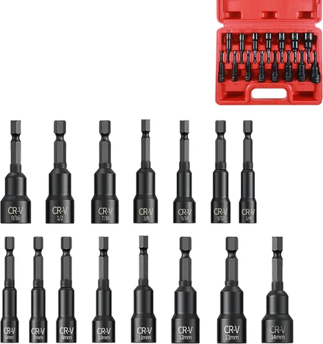 Miniatura 6 de Juego de 15 destornilladores de tuercas magnéticas, kit maestro de brocas hexagonales de potencia de impacto, SAE y métrico, cambio rápido de 1/4