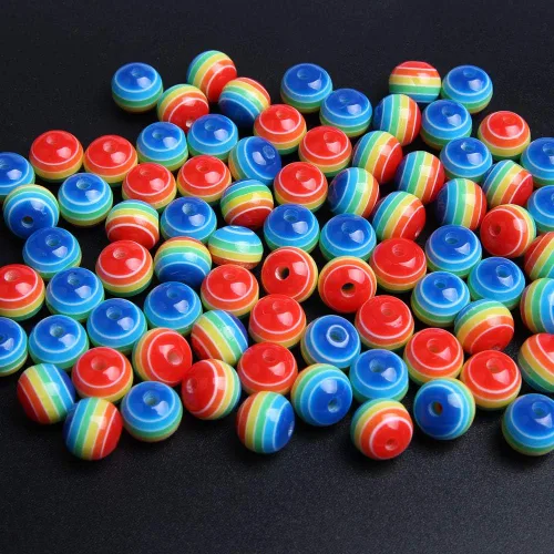 Miniatura 9 de Acxico 100 cuentas redondas de rayas de arco iris de resina acrílica de colores mixtos de 0.315 in
