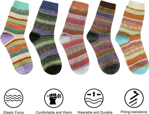 Miniatura 3 de 5 pares de calcetines de lana para mujer, diseño de punto grueso, cálidos y cómodos para invierno