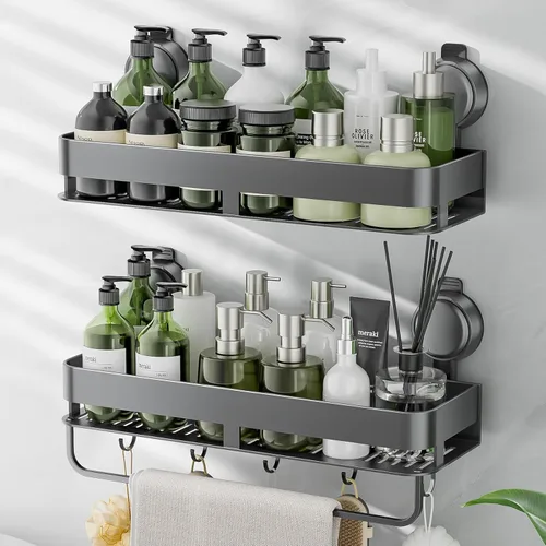 Organizador de ducha esquinero, con ventosa y ganchos, organizador de baño de aluminio inoxidable sin perforaciones, estantes para decoración de