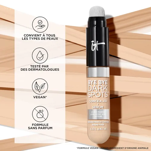 Miniatura 9 de IT Cosmetics Bye Bye Dark Spots Corrector + suero iluminador – 2% niacinamida, ácido hialurónico y cafeína – Cobertura media, acabado natural, todo