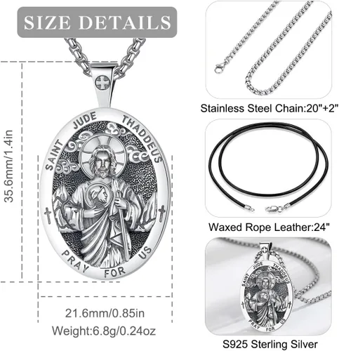 Miniatura 57 de EUDORA Collar de plata de ley 925, San Cristóbal y San Benito, San Miguel, Virgen María, San Judas Tadeo, Cruz de Buen Pastor y Arcángel, Medalla
