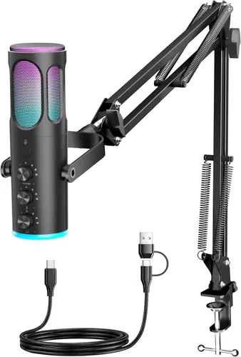 Microfono para juegos, micrófono condensador USB para PC, PS4/5 y Mac, micrófono de computadora con cancelación de ruido, silencio, reverberación,