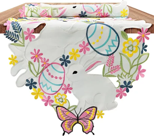 Camino de mesa de Pascua de primavera con conejito bordado de corte, huevos coloridos y mariposas, decoración de mesa de vacaciones de primavera