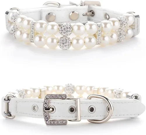 HOWWFALY Collares de perlas para perros y gatos con diamantes de imitación de cristal, collar de piel sintética, collar ajustable para perros y