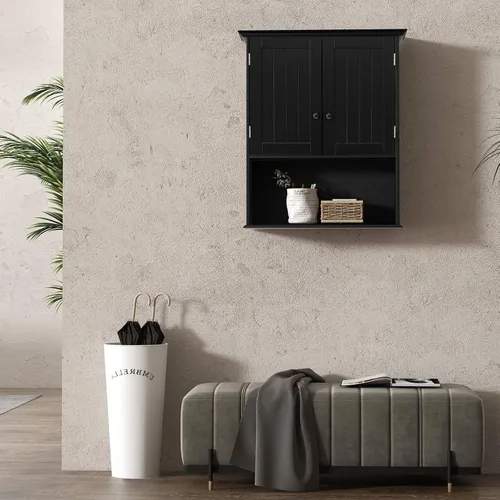 Miniatura 9 de COSTWAY Armario de baño montado en la pared, armario de almacenamiento sobre el inodoro con puertas dobles y estante ajustable, botiquín colgante