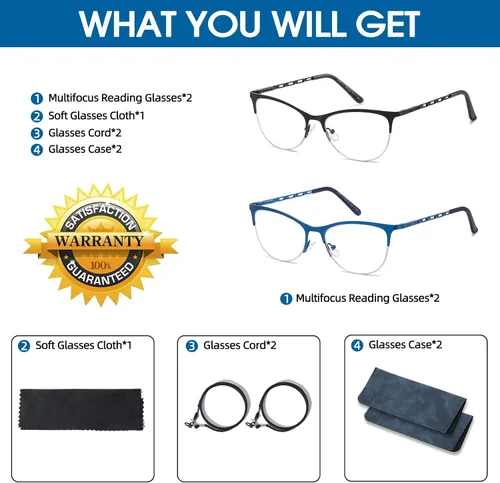 Miniatura 8 de Gafas de lectura multifocales para mujer, progresivas multifocales, luz azul, lector de computadora, ojo de gato, metal, medio marco, sin línea