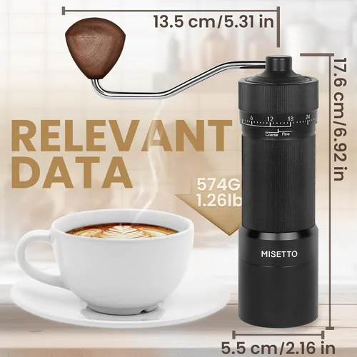 Miniatura 5 de MISETTO Molinillo de café manual con rebaba cónica de acero inoxidable CNC, ajuste externo ajustable, posicionamiento de doble rodamiento, café