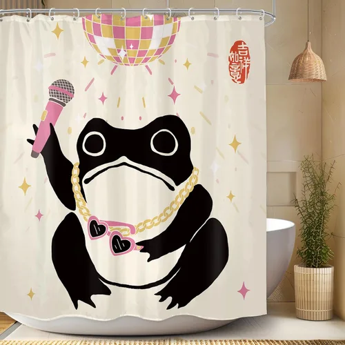Miniatura 27 de Juego Divertido de Cortina de Rana Retro para Ducha, Juego de Baño 48x71 Pulgadas, Estilo Asiático Lindo, Arte Japonés Tradicional de Pato de Goma