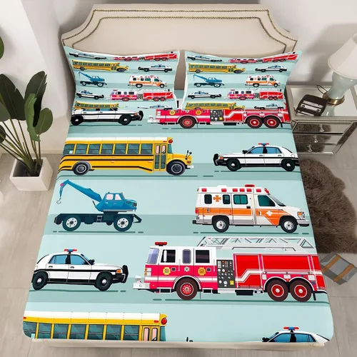 Miniatura 16 de Juego de sábanas bajeras ajustables para niños, diseño de caricaturas, camiones, tamaño individual, juegos de ropa de cama de excavadoras, camiones