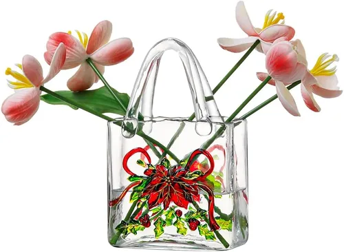 Jarrón con textura floral pintado a mano, jarrón de cristal en forma de bolso de 9.1 pulgadas con patrones 3D, centro de mesa botánico engrosado con