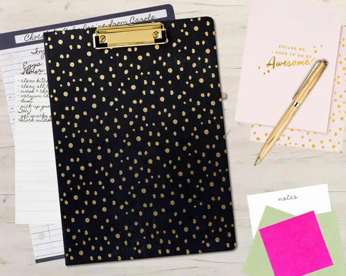 Miniatura 5 de Vera Bradley - Carpeta portapapeles con bloc de notas recargable, padfolio negro con bolsillo interior y trabilla para bolígrafo, lunares dorados