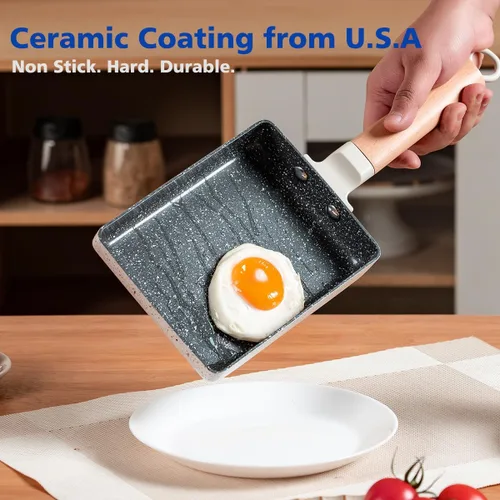Miniatura 4 de Revestimiento de cerámica cuadrado japonés Tamagoyaki tortilla pequeña sartén, antiadherente rectangular huevo rollo pan con mango de madera Blanco