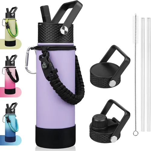 Miniatura 20 de BJPKPK - Botella de agua con tapa de popote, botellas de agua aisladas de 18 onzas con 3 tapas, asa de cuerda de paracaídas y base antideslizante