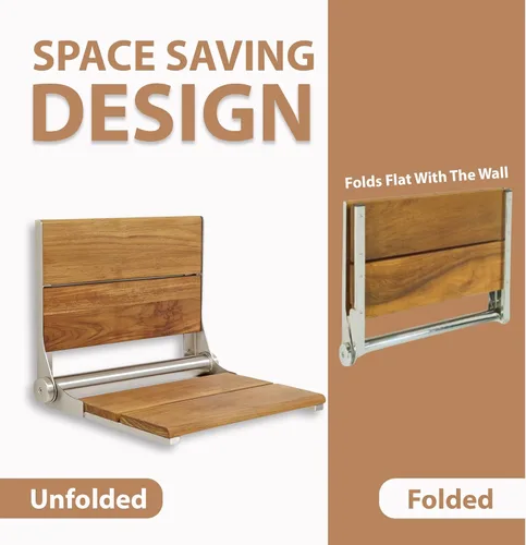 Miniatura 5 de Asiento de ducha de teca, madera de contorno, banco plegable de montaje en pared para ducha interior, asistencia de seguridad ADA, acero inoxidable