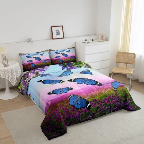 Miniatura 2 de Juego de ropa de cama de mariposa azul para adultos, mujeres y niñas, juego de edredón con estampado de lavanda morado, tamaño individual, diseño
