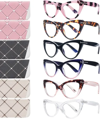 Pack de 6 gafas de moda de ojo de gato para mujer con bloqueo de luz azul, bisagras de resorte extra grandes, lentes para computadora 6 mezcla