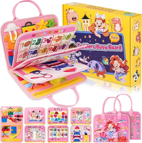 Miniatura 7 de Montessori Busy Board - Juguetes de aprendizaje sensorial para niños pequeños de 3 a 6 años, 10 páginas, 32 actividades, juguetes educativos