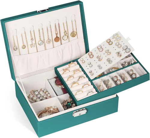 Miniatura 29 de Joyero para mujeres y niñas, contenedor organizador de joyas de 2 capas con cerradura, estuche de almacenamiento de piel sintética con bandeja