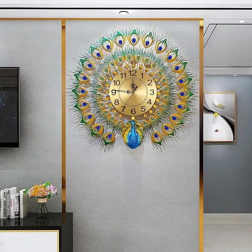 Miniatura 7 de Reloj de pared grande de estilo lujoso, estilo pavo real, de 23.7 pulgadas, sin tictac, silencioso, de cristal acrílico, decoración moderna y Azul