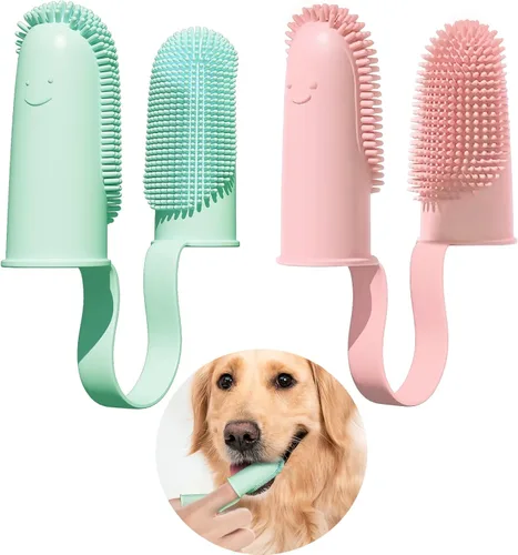 Paquete de 2 cepillos de dientes para perros, cerdas envolventes de 135º para facilitar la limpieza de los dientes, cepillo de dientes de doble dedo