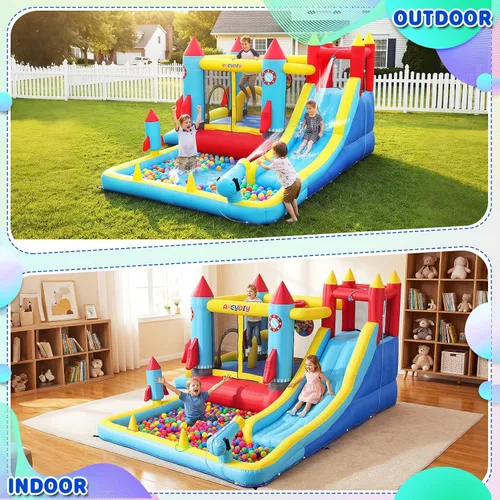 Miniatura 5 de Casa inflable de rebote con tobogán acuático, 12 en 1, tobogán acuático inflable con piscina de salpicaduras, aro de baloncesto, pistola de agua