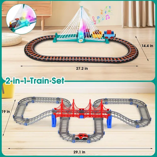 Miniatura 6 de Juego de Pistas de Tren Eléctrico DIY 2 en 1 para Niños de 4-8 Años, Juego de Pistas de Tren y Autos, Puente con Luces y Tren con Sonido, Accesorios